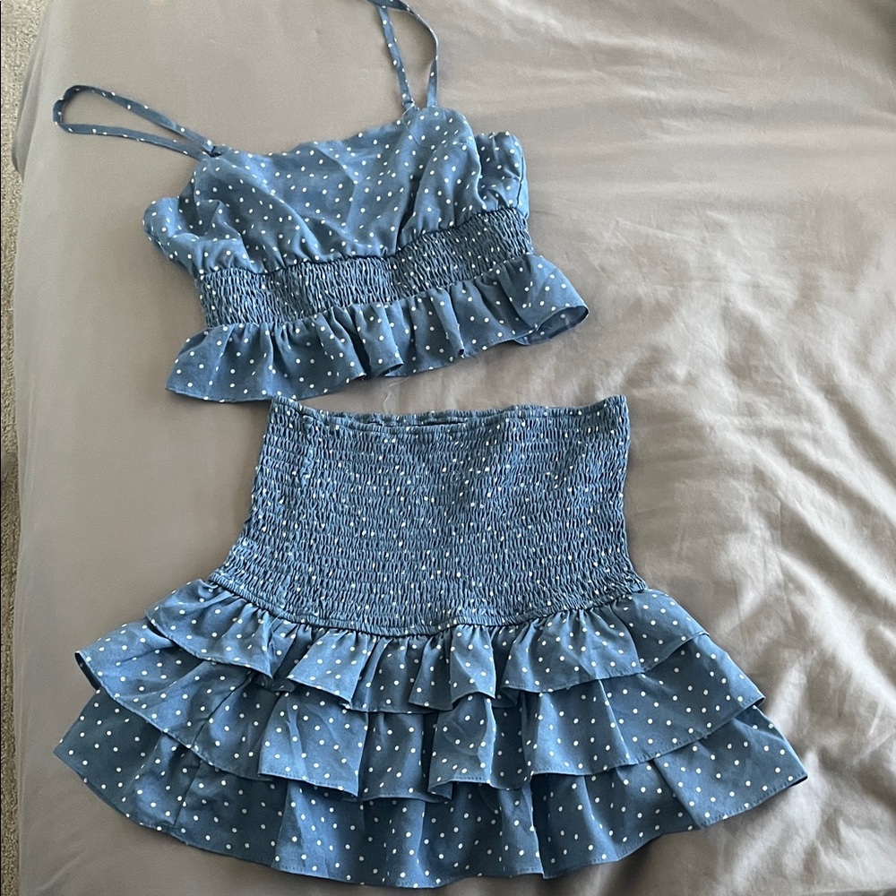 Blue Polka Dot Mini Skirt and Top